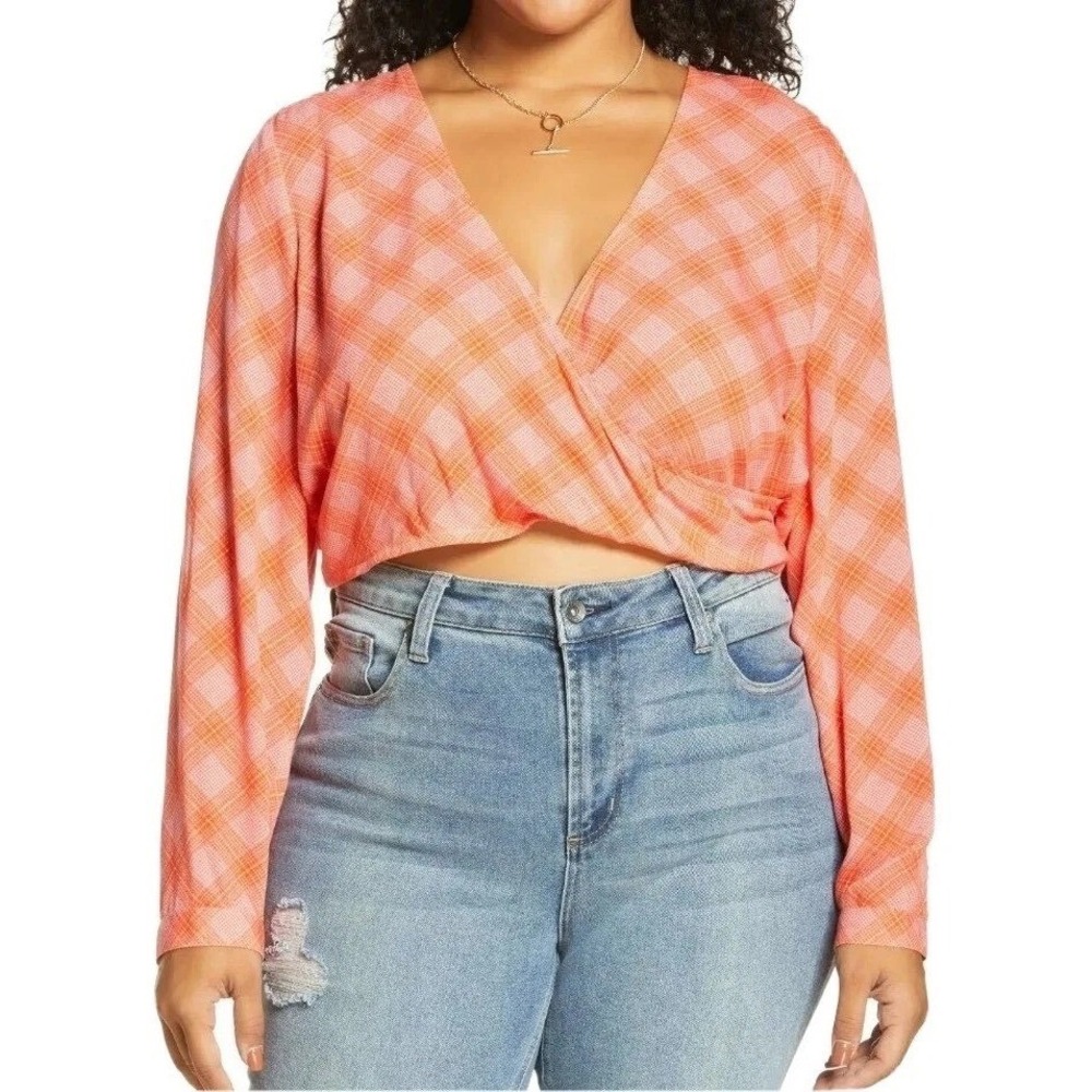 BP‎ Plaid Surplice Cropped Top Womens L Pink Orange Excellent  Nordstroms